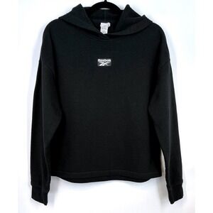 Reebok Black Fleece Lined Logo Pullover Hoodie Sweatshirt Sz L Lounge Streetwear